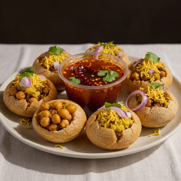 A plate of six pani puri, some filled with chickpeas, others with potato, and a central dipping sauce.