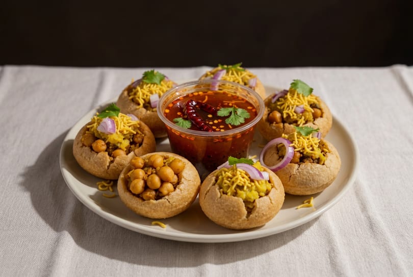 A plate of six pani puri, some filled with chickpeas, others with potato, and a central dipping sauce.