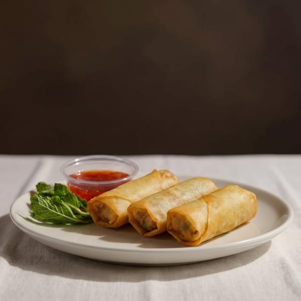 Three golden spring rolls on a white plate with a side of red dipping sauce and fresh mint.