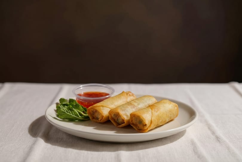 Three golden spring rolls on a white plate with a side of red dipping sauce and fresh mint.