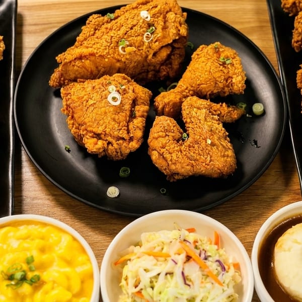 Plates of crispy fried chicken with sides of mac and cheese, coleslaw, and mashed potatoes.