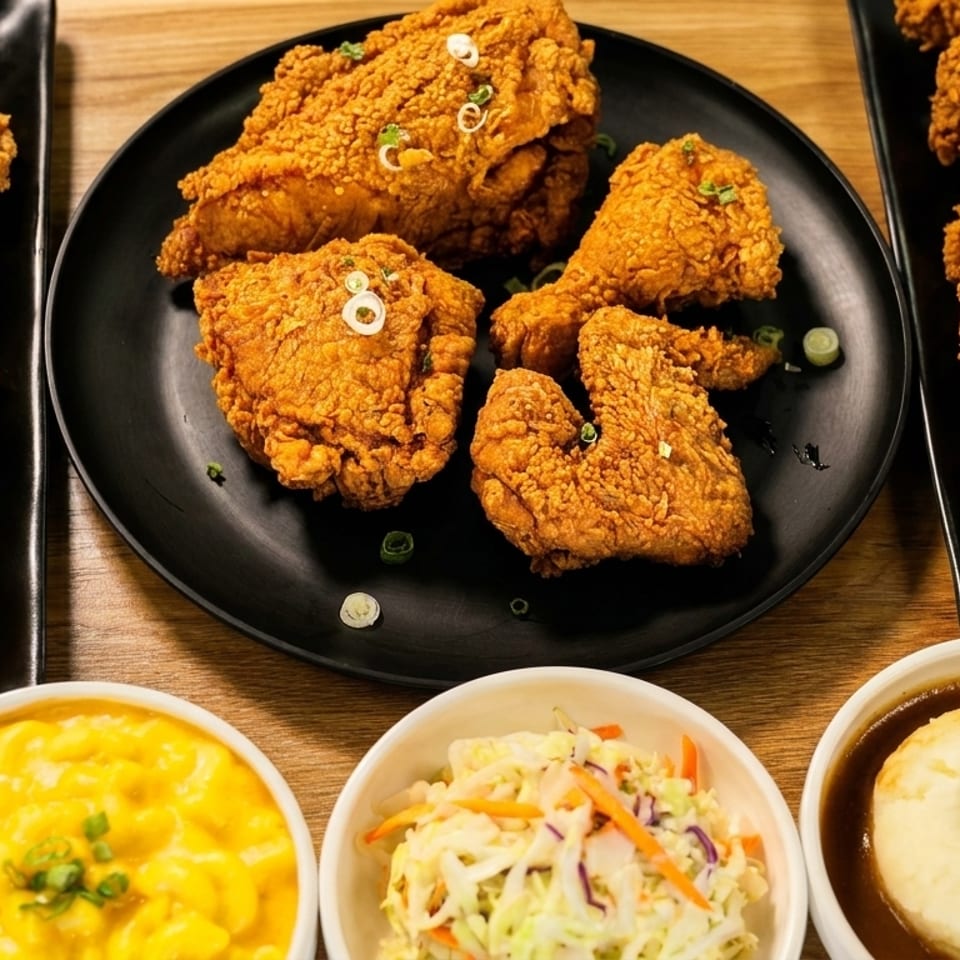 Plates of crispy fried chicken with sides of mac and cheese, coleslaw, and mashed potatoes.