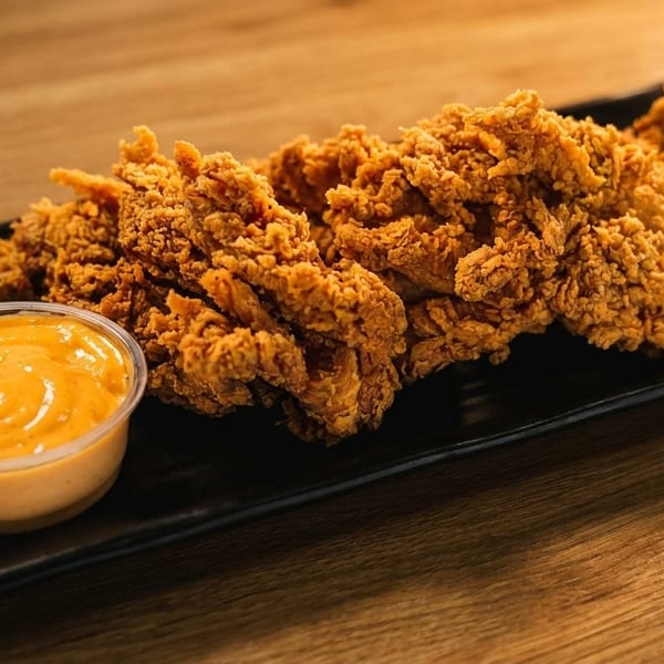 Crispy fried chicken tenders on a black plate with a side of orange dipping sauce.