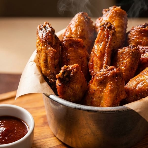 Steaming hot chicken wings in a metal bucket with a side of barbecue sauce on a wooden board.